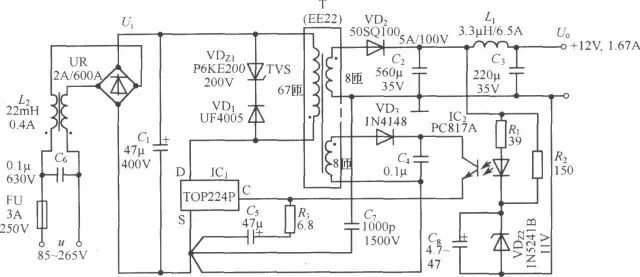 TOP224P構成的12V、20W開關直流穩壓電源電路